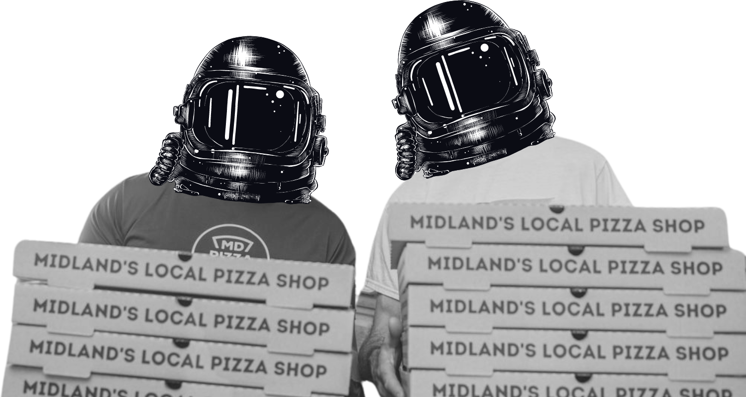 The two owners of Midland Pizza Factory in astronaut helmets holding stacks of pizza boxes